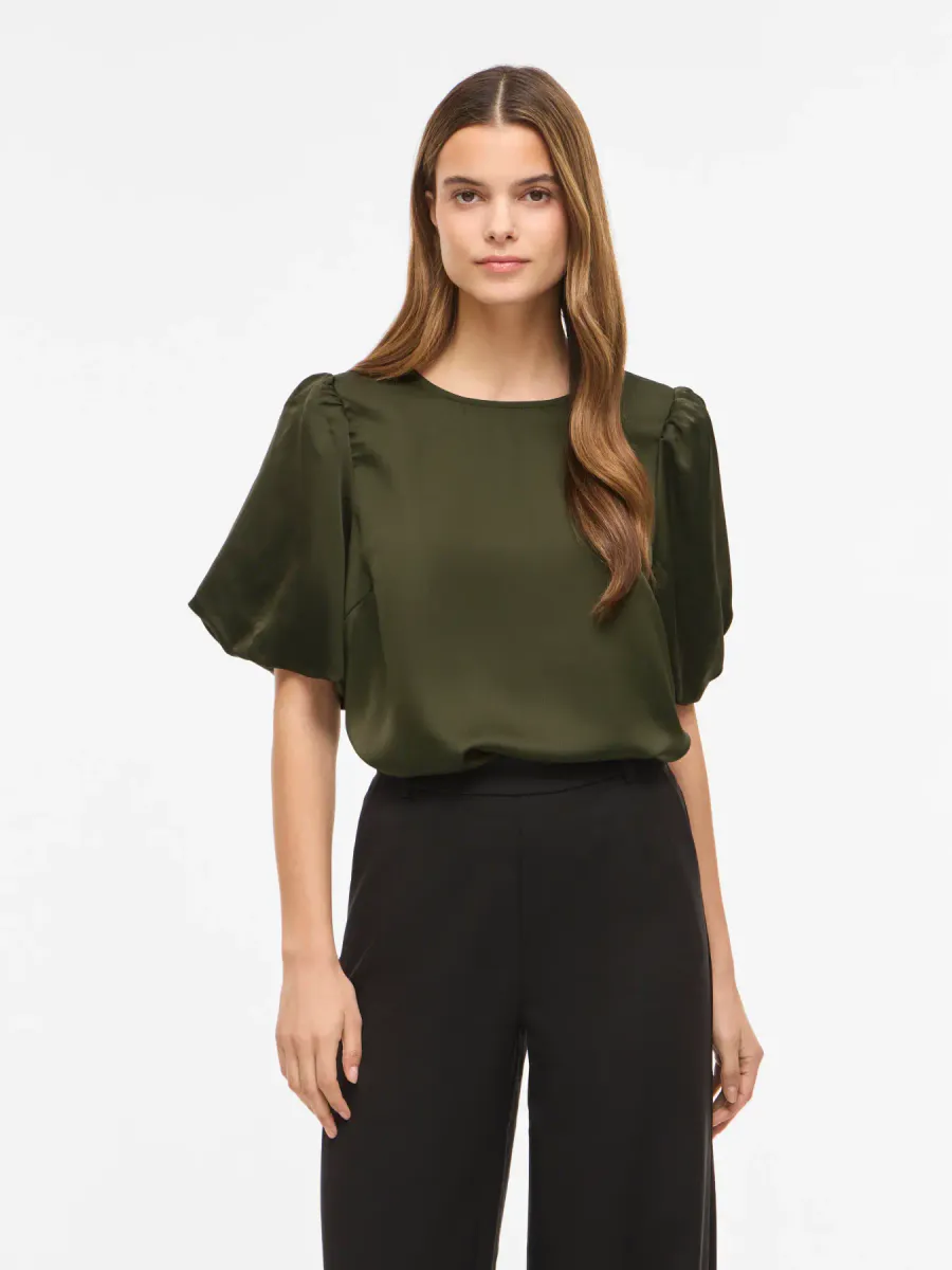 VIELLETTE 2/4 SATIN PUFF TOP  FOREST NIGHT