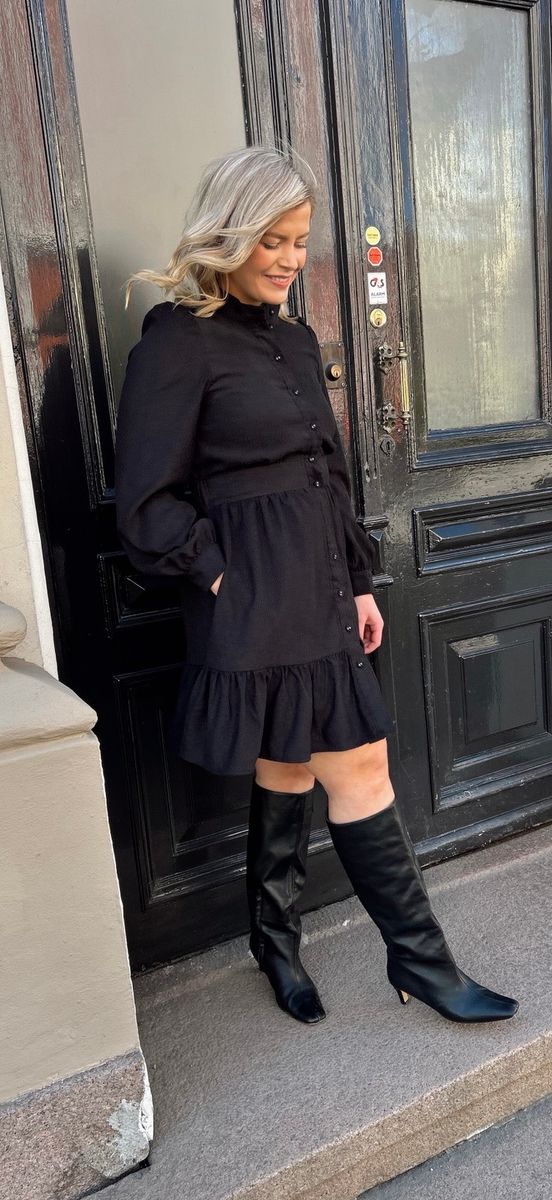 VICORDU L/S HIGHNECK VOLUME DRESS/LN BLACK BEAUTY