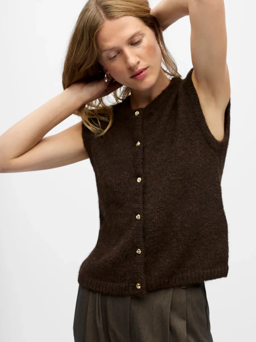 OBJSAGGIA RE KNIT VEST CARDIGAN SEAL BROWN MELANGE