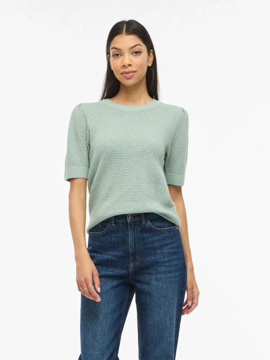VIDALO O-NECK S/S KNIT TOP SMOKE GREEN
